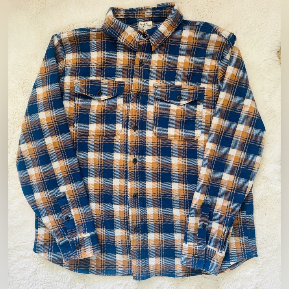 J Crew Men's Seaboard Flannel Shirt Shacket Blue, Brown, & White Plaid Size: XL